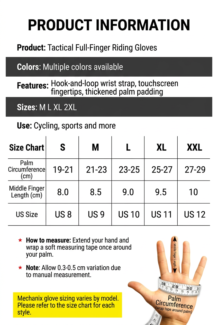 Product information and size chart in English
