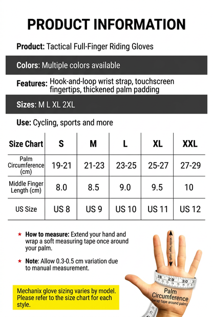 Product information and size chart in English